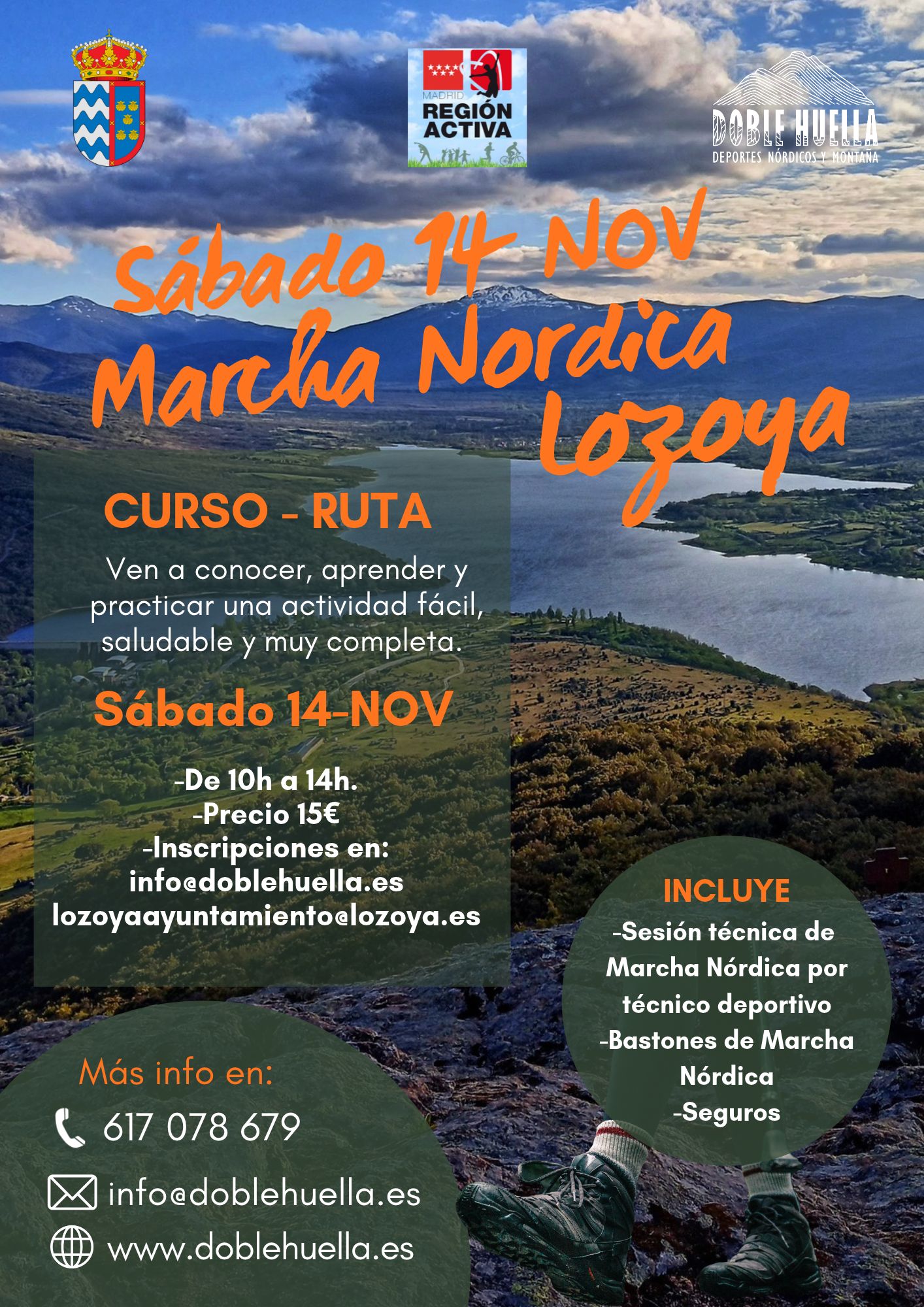 Cartel del Curso-Ruta de Marcha Nórdica en Lozoya el sábado 14 de noviembre de 10h a 14h, con fondo del embalse de Pinilla y los logos del Ayuntamiento de Lozoya, Madrid Región Activa y Doble Huella.